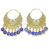 Oro Laminado Long Earring, Gold Filled Style Elephant and Evil Eye Design, Blue Resin Finish, Golden Finish, 02.380.0057.2