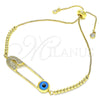 Oro Laminado Adjustable Bolo Bracelet, Gold Filled Style Evil Eye and Paperclip Design, with White Micro Pave, Polished, Golden Finish, 03.313.0032.11 (01 MM Thickness, 11 Inches Length)