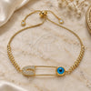 Oro Laminado Adjustable Bolo Bracelet, Gold Filled Style Evil Eye and Paperclip Design, with White Micro Pave, Polished, Golden Finish, 03.313.0032.11 (01 MM Thickness, 11 Inches Length)