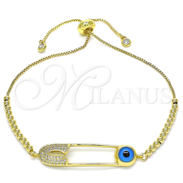 Oro Laminado Adjustable Bolo Bracelet, Gold Filled Style Evil Eye and Paperclip Design, with White Micro Pave, Polished, Golden Finish, 03.313.0032.11 (01 MM Thickness, 11 Inches Length)