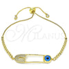 Oro Laminado Adjustable Bolo Bracelet, Gold Filled Style Evil Eye and Paperclip Design, with White Micro Pave, Polished, Golden Finish, 03.313.0032.11 (01 MM Thickness, 11 Inches Length)