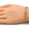 Oro Laminado Adjustable Bolo Bracelet, Gold Filled Style Paperclip and Ball Design, with White Micro Pave, Polished, Golden Finish, 03.313.0034.10 (01 MM Thickness, 10 Inches Length)