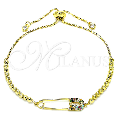 Oro Laminado Adjustable Bolo Bracelet, Gold Filled Style Paperclip and Ball Design, with Multicolor Micro Pave, Polished, Golden Finish, 03.313.0034.1.10 (01 MM Thickness, 10 Inches Length)