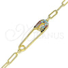 Oro Laminado Fancy Bracelet, Gold Filled Style Paperclip Design, with Multicolor Micro Pave, Polished, Golden Finish, 03.313.0035.1.07 (03 MM Thickness, 7 Inches Length)