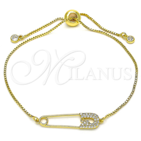 Oro Laminado Adjustable Bolo Bracelet, Gold Filled Style Paperclip Design, with White Micro Pave, Polished, Golden Finish, 03.313.0036.11 (01 MM Thickness, 11 Inches Length)