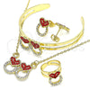 Oro Laminado Earring and Pendant Children Set, Gold Filled Style Heart Design, with Garnet and White Crystal, Polished, Golden Finish, 06.361.0023.1