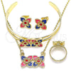 Oro Laminado Earring and Pendant Children Set, Gold Filled Style Flower Design, Multicolor Enamel Finish, Golden Finish, 06.361.0030