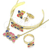 Oro Laminado Earring and Pendant Children Set, Gold Filled Style Flower Design, Multicolor Enamel Finish, Golden Finish, 06.361.0030