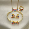 Oro Laminado Earring and Pendant Children Set, Gold Filled Style Flower Design, Multicolor Enamel Finish, Golden Finish, 06.361.0030