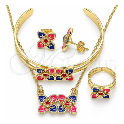 Oro Laminado Earring and Pendant Children Set, Gold Filled Style Flower Design, Multicolor Enamel Finish, Golden Finish, 06.361.0030