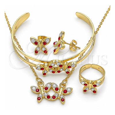 Oro Laminado Earring and Pendant Children Set, Gold Filled Style Butterfly Design, with Garnet and White Crystal, Polished, Golden Finish, 06.361.0032.1