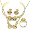 Oro Laminado Earring and Pendant Children Set, Gold Filled Style Ladybug Design, with Garnet and White Crystal, Polished, Golden Finish, 06.361.0033.1