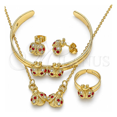 Oro Laminado Earring and Pendant Children Set, Gold Filled Style Ladybug Design, with Garnet and White Crystal, Polished, Golden Finish, 06.361.0033.1