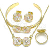 Oro Laminado Earring and Pendant Children Set, Gold Filled Style Flower Design, with White Crystal, Polished, Tricolor, 06.361.0034