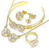 Oro Laminado Earring and Pendant Children Set, Gold Filled Style Flower Design, with White Crystal, Polished, Tricolor, 06.361.0034