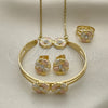 Oro Laminado Earring and Pendant Children Set, Gold Filled Style Flower Design, with White Crystal, Polished, Tricolor, 06.361.0034