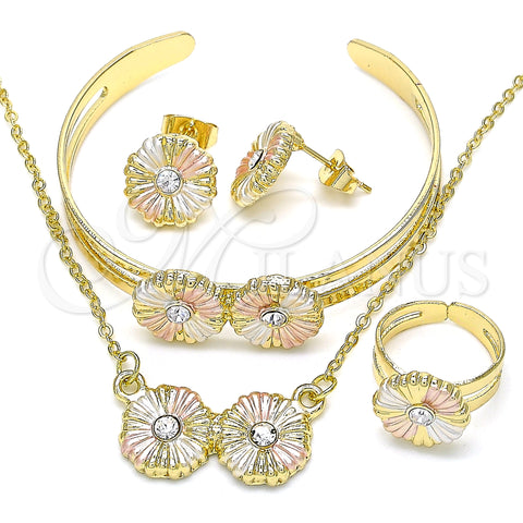 Oro Laminado Earring and Pendant Children Set, Gold Filled Style Flower Design, with White Crystal, Polished, Tricolor, 06.361.0034