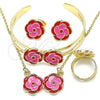 Oro Laminado Earring and Pendant Children Set, Gold Filled Style Flower Design, Red Enamel Finish, Golden Finish, 06.361.0037