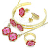 Oro Laminado Earring and Pendant Children Set, Gold Filled Style Flower Design, Red Enamel Finish, Golden Finish, 06.361.0037