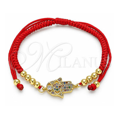 Oro Laminado Adjustable Bolo Bracelet, Gold Filled Style Hand of God and Ball Design, with Multicolor Micro Pave, Polished, Golden Finish, 03.299.0099.11 (03 MM Thickness, 11 Inches Length)