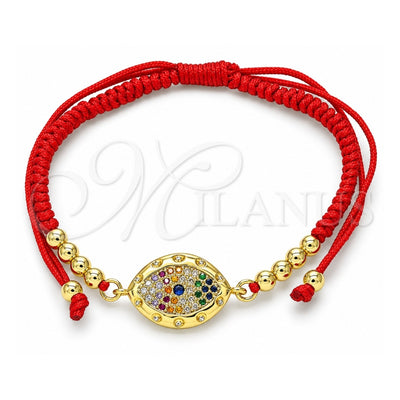 Oro Laminado Adjustable Bolo Bracelet, Gold Filled Style Evil Eye and Ball Design, with Multicolor Micro Pave, Polished, Golden Finish, 03.299.0101.12 (03 MM Thickness, 12 Inches Length)