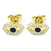 Oro Laminado Stud Earring, Gold Filled Style Evil Eye Design, with Black Cubic Zirconia and White Micro Pave, Polished, Golden Finish, 02.210.0463