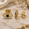 Oro Laminado Stud Earring, Gold Filled Style Evil Eye Design, with Black Cubic Zirconia and White Micro Pave, Polished, Golden Finish, 02.210.0463