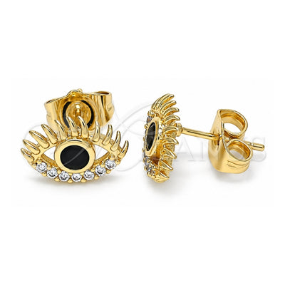 Oro Laminado Stud Earring, Gold Filled Style Evil Eye Design, with Black Cubic Zirconia and White Micro Pave, Polished, Golden Finish, 02.210.0463