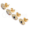 Oro Laminado Stud Earring, Gold Filled Style Evil Eye Design, with Black Cubic Zirconia and White Micro Pave, Polished, Golden Finish, 02.210.0463
