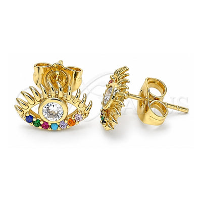 Oro Laminado Stud Earring, Gold Filled Style Evil Eye Design, with White Cubic Zirconia and Multicolor Micro Pave, Polished, Golden Finish, 02.210.0463.1