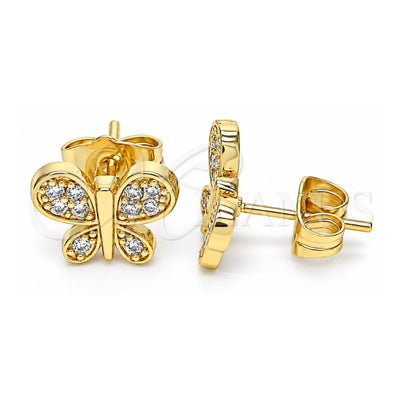 Oro Laminado Stud Earring, Gold Filled Style Butterfly Design, with White Micro Pave, Polished, Golden Finish, 02.210.0464