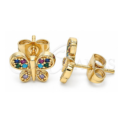 Oro Laminado Stud Earring, Gold Filled Style Butterfly Design, with Multicolor Micro Pave, Polished, Golden Finish, 02.210.0464.1