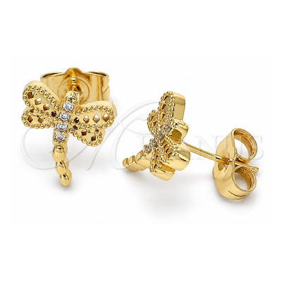 Oro Laminado Stud Earring, Gold Filled Style Dragon-Fly Design, with White Micro Pave, Polished, Golden Finish, 02.210.0465