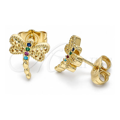 Oro Laminado Stud Earring, Gold Filled Style Dragon-Fly Design, with Multicolor Micro Pave, Polished, Golden Finish, 02.210.0465.1