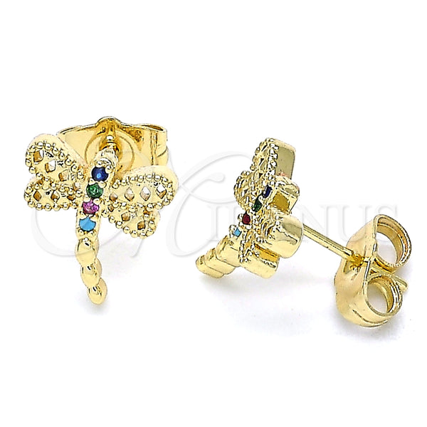 Gold Filled Ring — Stud Earring Dragon-Fly Design with Multicolor Micro Pave — alternate product view — SKU 140685 | Oro Laminado anillo — Stud Earring Dragon-Fly diseño with Multicolor Micro Pave — SKU 140685