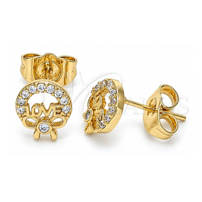 Oro Laminado Stud Earring, Gold Filled Style Love and Bow Design, with White Micro Pave, Polished, Golden Finish, 02.210.0466