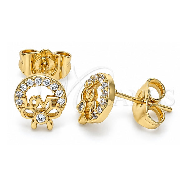 Oro Laminado Stud Earring, Gold Filled Style Love and Bow Design, with White Micro Pave, Polished, Golden Finish, 02.210.0466