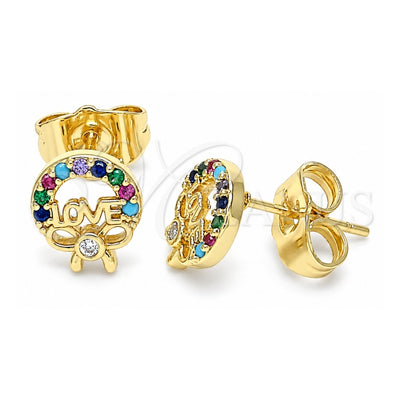 Oro Laminado Stud Earring, Gold Filled Style Love and Bow Design, with Multicolor Micro Pave, Polished, Golden Finish, 02.210.0466.1