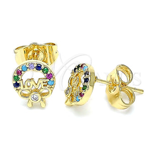 Gold Filled Ring — Stud Earring Love and Bow Design with Multicolor — main product view — SKU 140687 | Oro Laminado anillo — Stud Earring Love and Bow diseño with Multicolor — SKU 140687