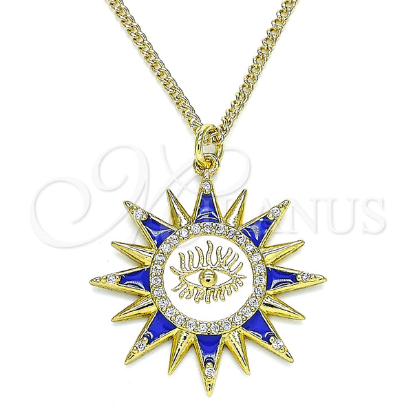 Oro Laminado Pendant Necklace, Gold Filled Style Evil Eye and Sun Design, with White Micro Pave, Blue Enamel Finish, Golden Finish, 04.362.0014.20 (02 MM Thickness, 20 Inches Length)