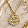 Oro Laminado Pendant Necklace, Gold Filled Style Evil Eye Design, with White Micro Pave, Polished, Golden Finish, 04.362.0016.20 (02 MM Thickness, 20 Inches Length)