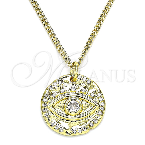 Oro Laminado Pendant Necklace, Gold Filled Style Evil Eye Design, with White Micro Pave, Polished, Golden Finish, 04.362.0016.20 (02 MM Thickness, 20 Inches Length)