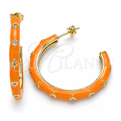Oro Laminado Stud Earring, Gold Filled Style Star Design, with White Cubic Zirconia, Orange Enamel Finish, Golden Finish, 02.362.0005