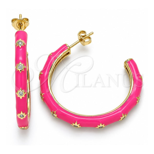 Oro Laminado Stud Earring, Gold Filled Style Star Design, with White Cubic Zirconia, Dark Pink Enamel Finish, Golden Finish, 02.362.0005.2