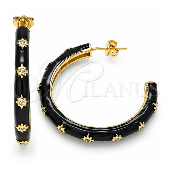Oro Laminado Stud Earring, Gold Filled Style Star Design, with White Cubic Zirconia, Black Enamel Finish, Golden Finish, 02.362.0005.5