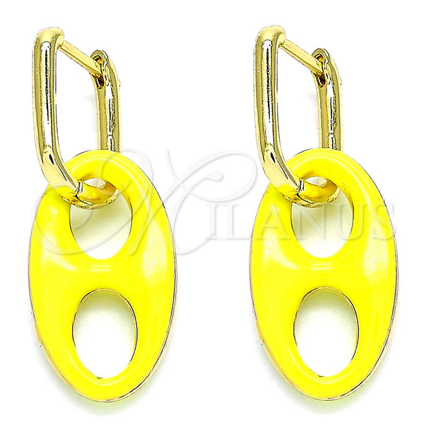 Gold Filled Hoop Earrings — Huggie Hoop Puff Mariner Design Yellow Enamel 02. — main product view — SKU 140717 | Oro Laminado aretes de aro — Huggie Hoop Puff Mariner diseño Yellow Enamel 02. — SKU 140717