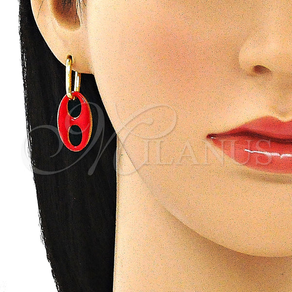 Gold Filled Hoop Earrings — Huggie Hoop Puff Mariner Design Red Enamel 02. — alternate product view — SKU 140718 | Oro Laminado aretes de aro — Huggie Hoop Puff Mariner diseño Red Enamel 02. — SKU 140718