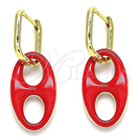 Oro Laminado Huggie Hoop, Gold Filled Style Puff Mariner Design, Red Enamel Finish, Golden Finish, 02.362.0006.1.12