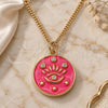 Oro Laminado Pendant Necklace, Gold Filled Style Evil Eye and Star Design, with White Micro Pave, Dark Pink Enamel Finish, Golden Finish, 04.362.0032.2.20 (02 MM Thickness, 20 Inches Length)