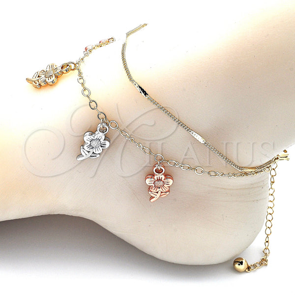 Gold Filled Anklet — Charm Anklet Flower Design Polished Tricolor 03. 02 — alternate product view — SKU 140761 | Oro Laminado tobillera — Charm Anklet flor diseño pulido Tricolor 03. 02 — SKU 140761